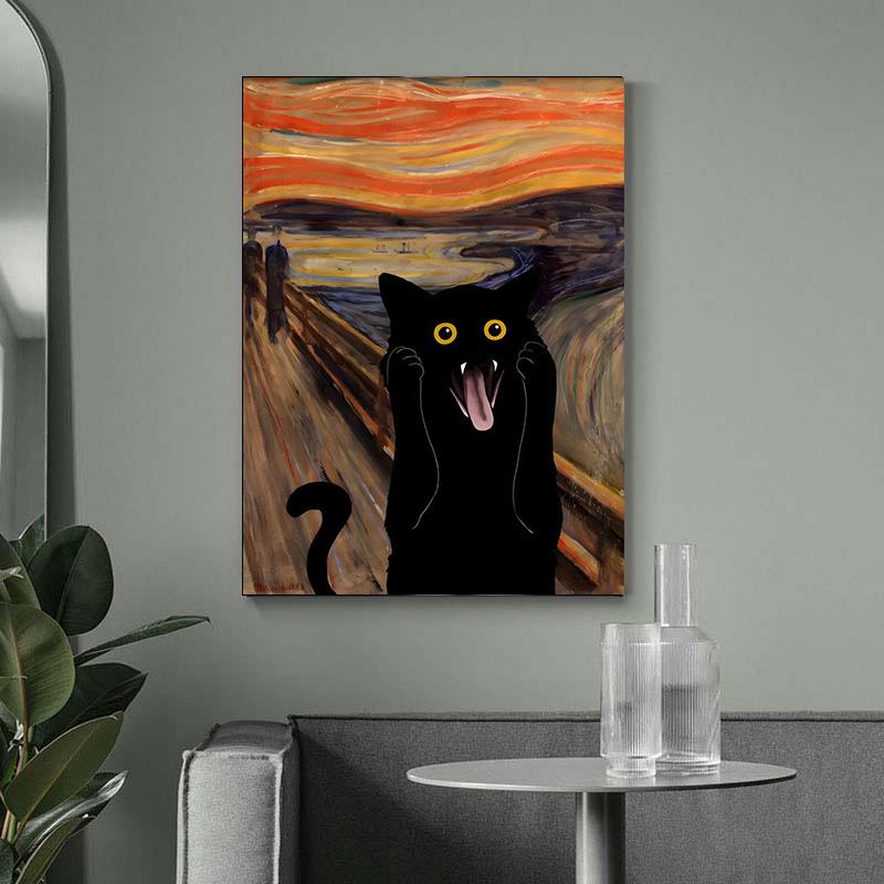 The Scream Black Cat Portrait Lustige Kunst Leinwand Malerei Abstrakte Schwarze Katze Poster Und Drucke Cuadros Wandkunst Für Wohnzimmer