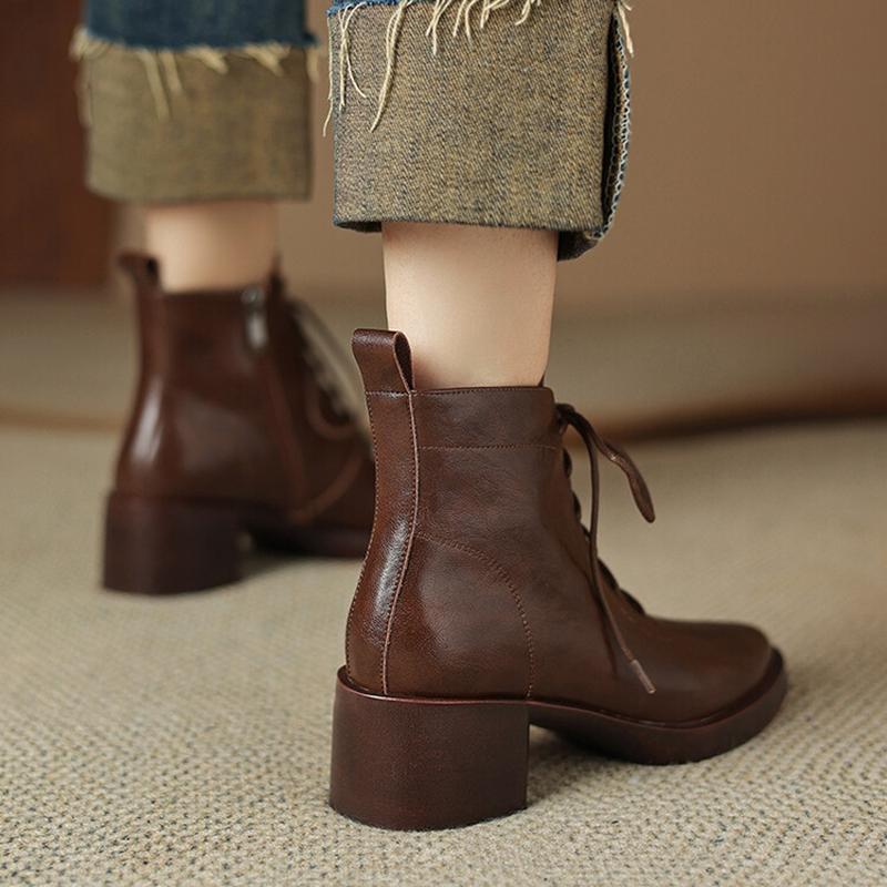 Fashion NEW Autumn/Winter Women Boots Round Toe Chunky Heel Shoes Split Leather Shoes for Women Lace-up Ankle Boots Zipper Modern Boots