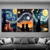 3 Stück ungerahmte Leinwand Kunstdrucke - Van Gogh Sternennacht & Schwarze Katze Moderne Tier Wanddekoration für Schlafzimmer, Wohnzimmer, Home Office