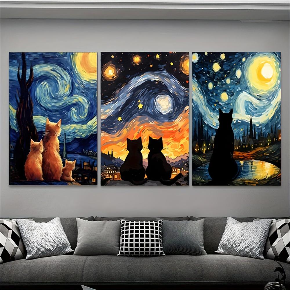3 Stück ungerahmte Leinwand Kunstdrucke - Van Gogh Sternennacht & Schwarze Katze Moderne Tier Wanddekoration für Schlafzimmer, Wohnzimmer, Home Office