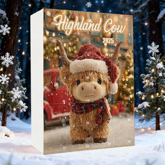 Highlandská kráva Adventní kalendář 2025 24 dní Odpočítávací kalendář do Vánoc s ozdobami Highlandské krávy na vánoční stromeček Domácí dekorace