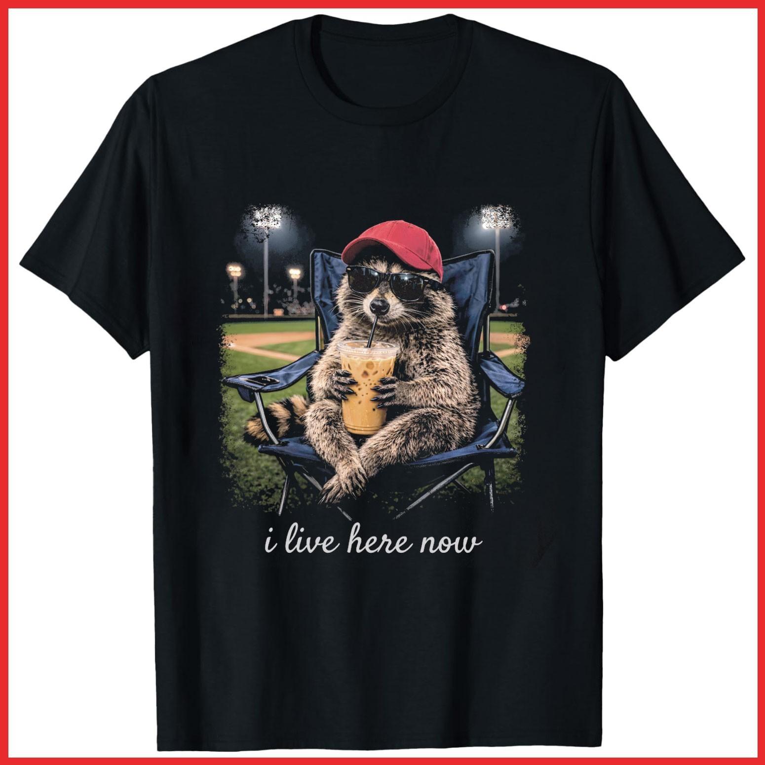 Raccoon I Live Here Now Raccoon Ballfield Baseball Black Cotton T-Shirt S-5XL S
