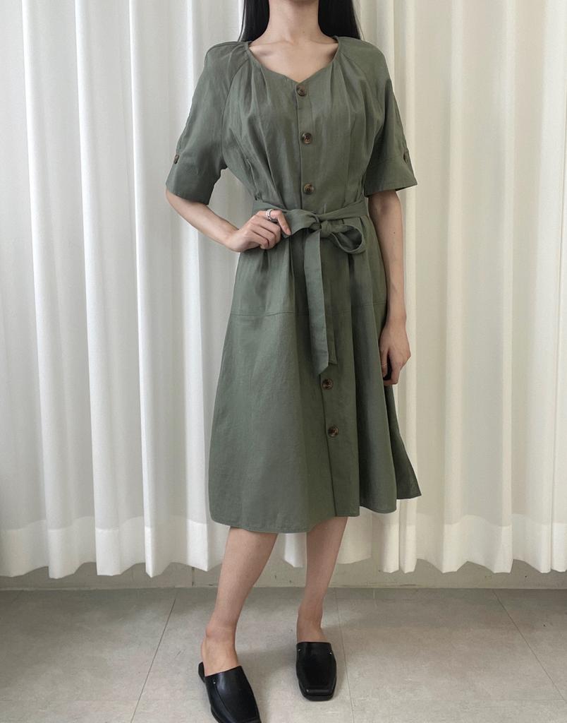 Olgangdijainseutyudio Open-Faced Linen Belted Dress