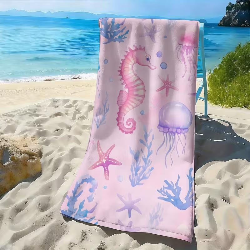 Striped Sea Turtle Hibiscus Floral Beach Towel Quick Dry Sand Free Towel Nautical Coastal Style Summer Beach Blanket