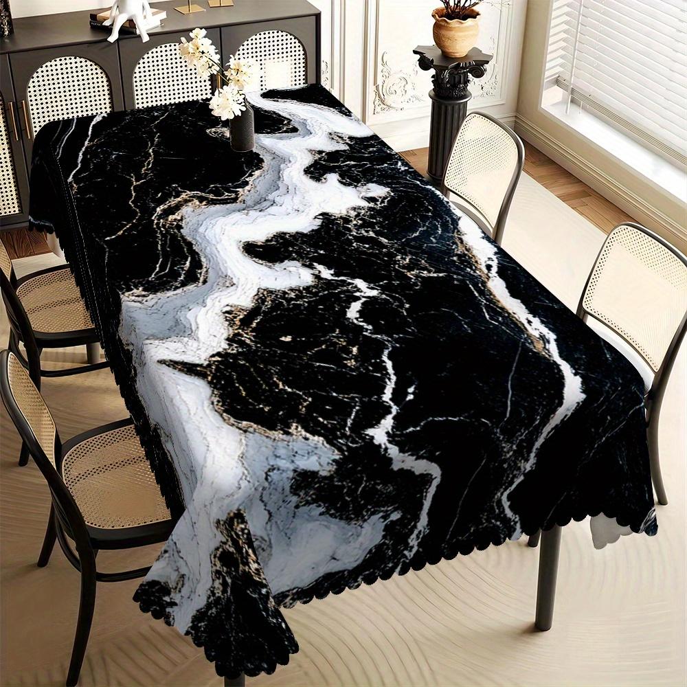 Moderne Zwarte Marmeren Tafelkleed met Witte & Gouden Aders, Golvende Rand, Vlekbestendig, voor Eetkamer & Elegante Woondecoratie 140x160cm