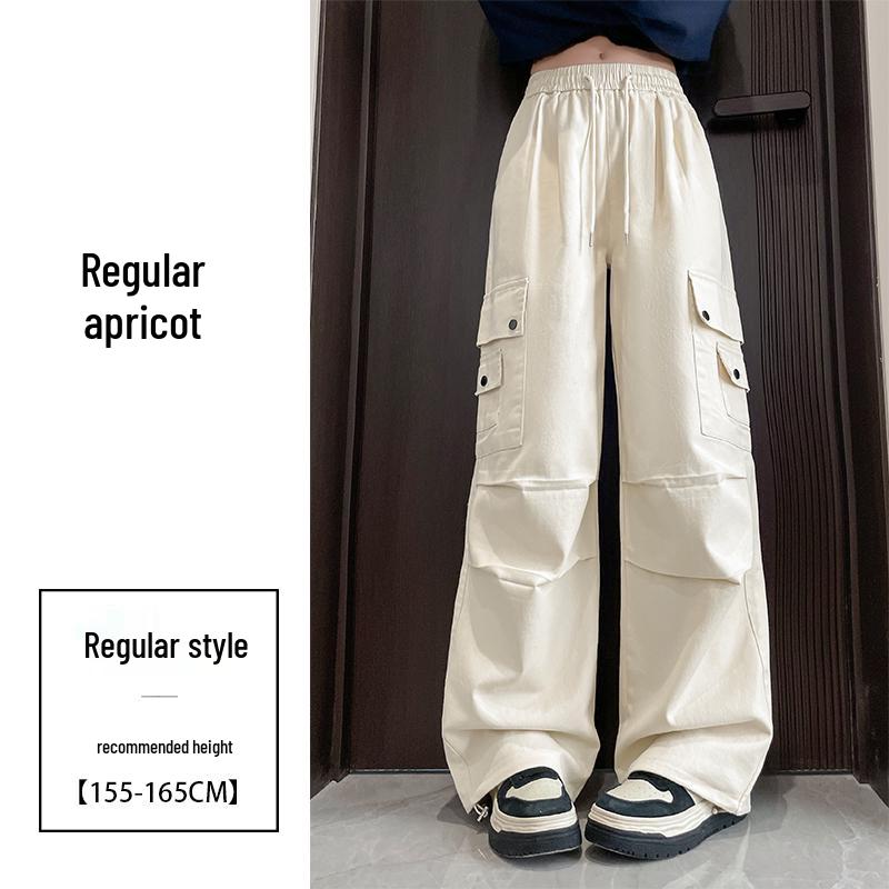 Damen High-Waist Retro Washed Baumwolle Cargohose, Lockeres Gerades Bein, Bodenlang, Aufgeschlagener Weiter Beinabschluss, Frühling Schlankmachender Stil.