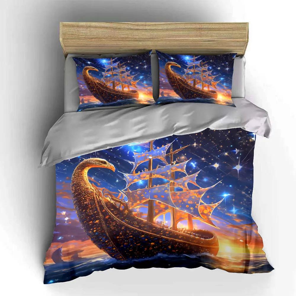 Golden Ship Fantasy Decor Multiple sizes kid's and adults' bedroom Exquisite 3PC bedding set gift