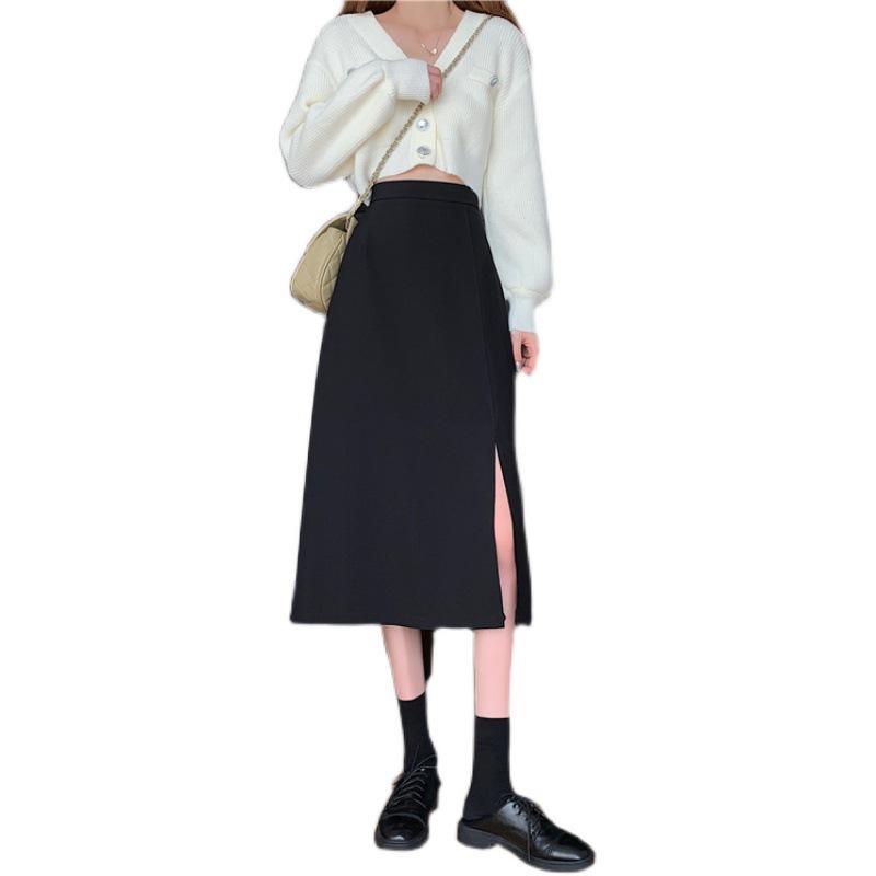 Black Irregular Slit High-Waist A-Line Skirt for Spring/Summer