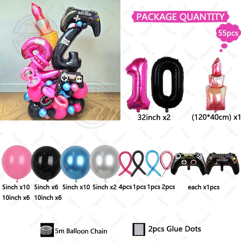 54pcs Red Lips Game Control Handle Black 1-9 Foil Digital Balloons Childrens Birthday Toys Party Decor Game Theme Party Supplies