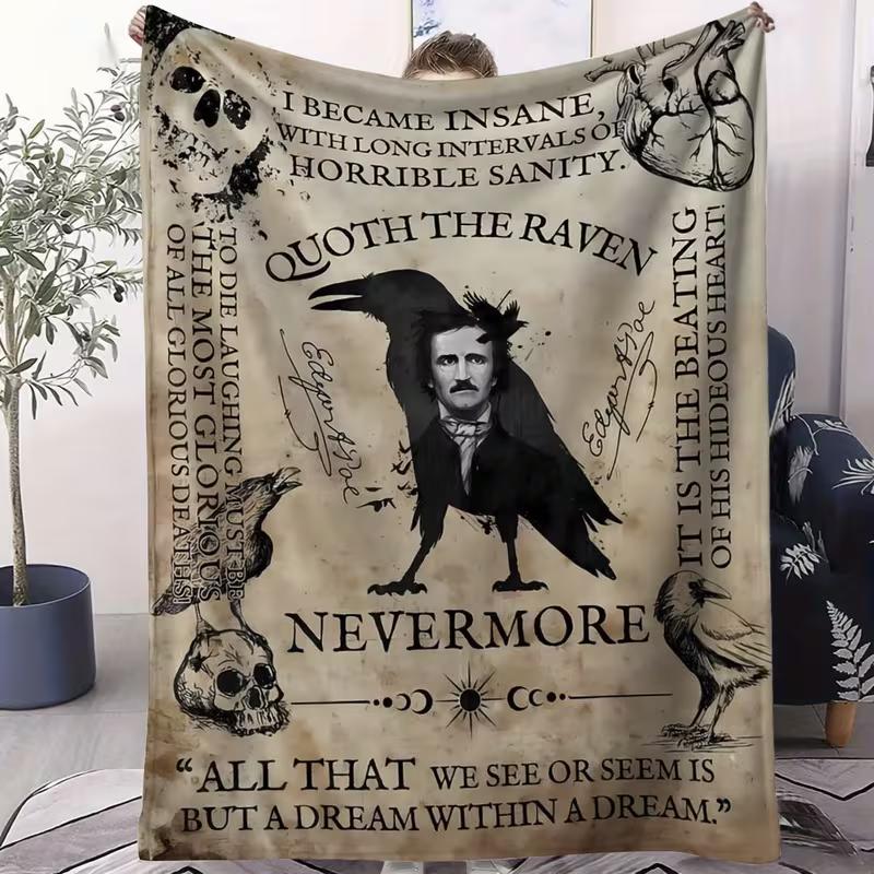 Edgar Allan Poe The Raven Nevermore Gothic Flannel Blanket Horror Skull Print Throw for Bed Sofa 75X95CM