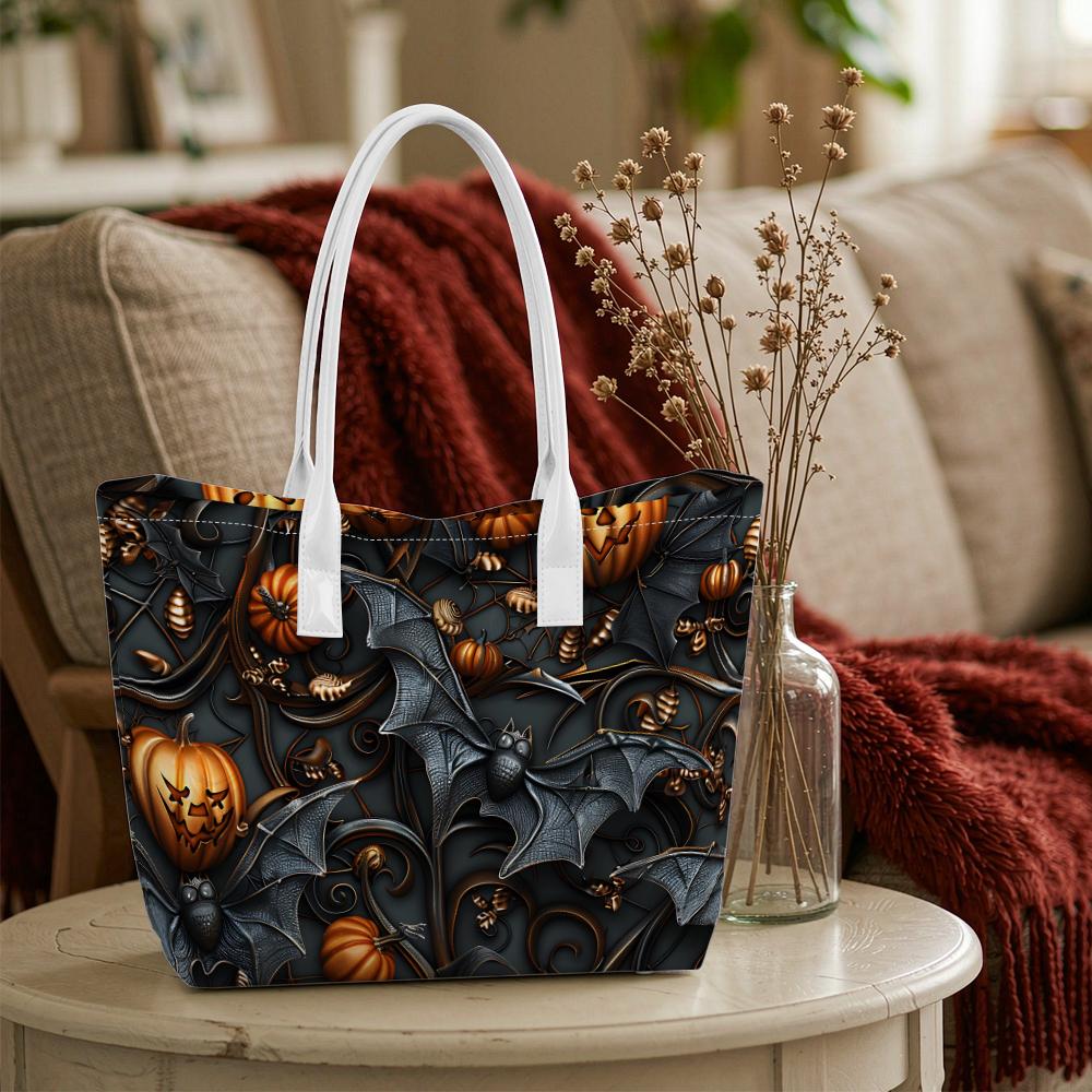 Halloween Bat Pumpkin Pattern Portable Casual Tote Bag Fashion Daily Handbag
