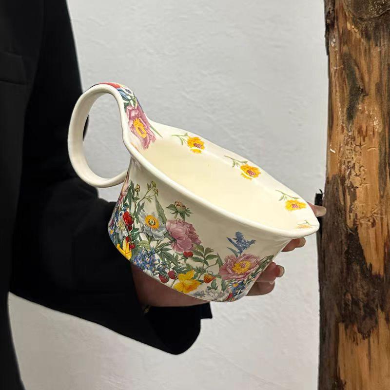 Ceramic mug handle cup with spoon breakfast cup oatmeal bowl heated milk blooming coffee cup saucer bowl