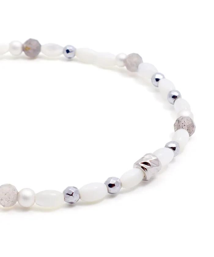 White Oval Mother-of-Pearl & Gray Point Mix Bracelet (PLT-BR-108_WT)