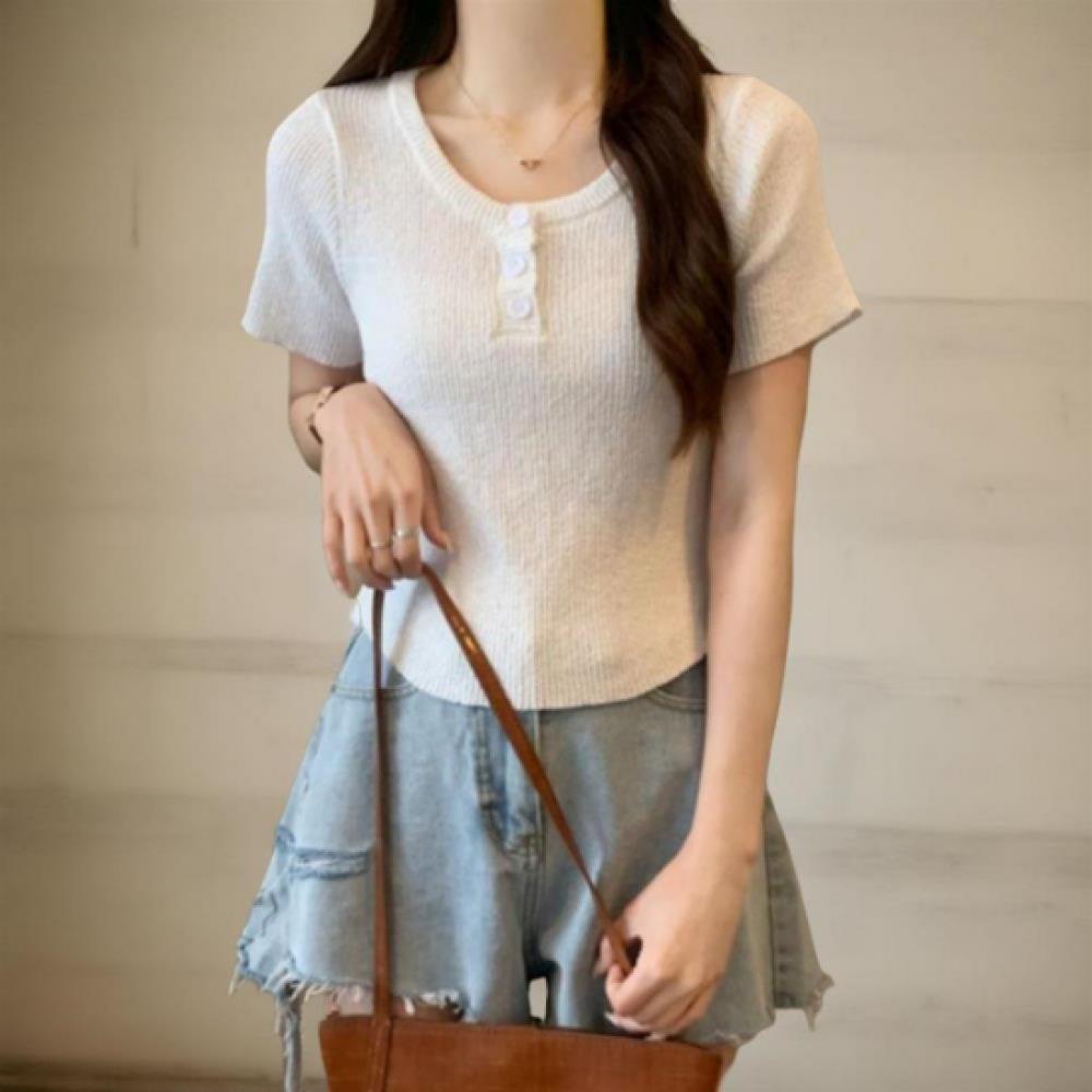 New Arrivals Open Run Women Round Neck Button Short Sleeve Knit Simple Ribbed