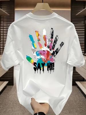 Men's Summer 100 Cotton Fashionable Casual Sports Loose Large Size Color Handprint Round Neck Short Sleeve T-shirt Top