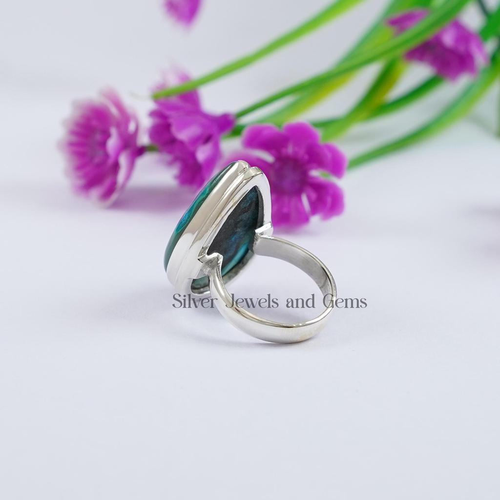Teardrop Chrysocolla Malachite Ring, Handmade 925 Sterling Silver