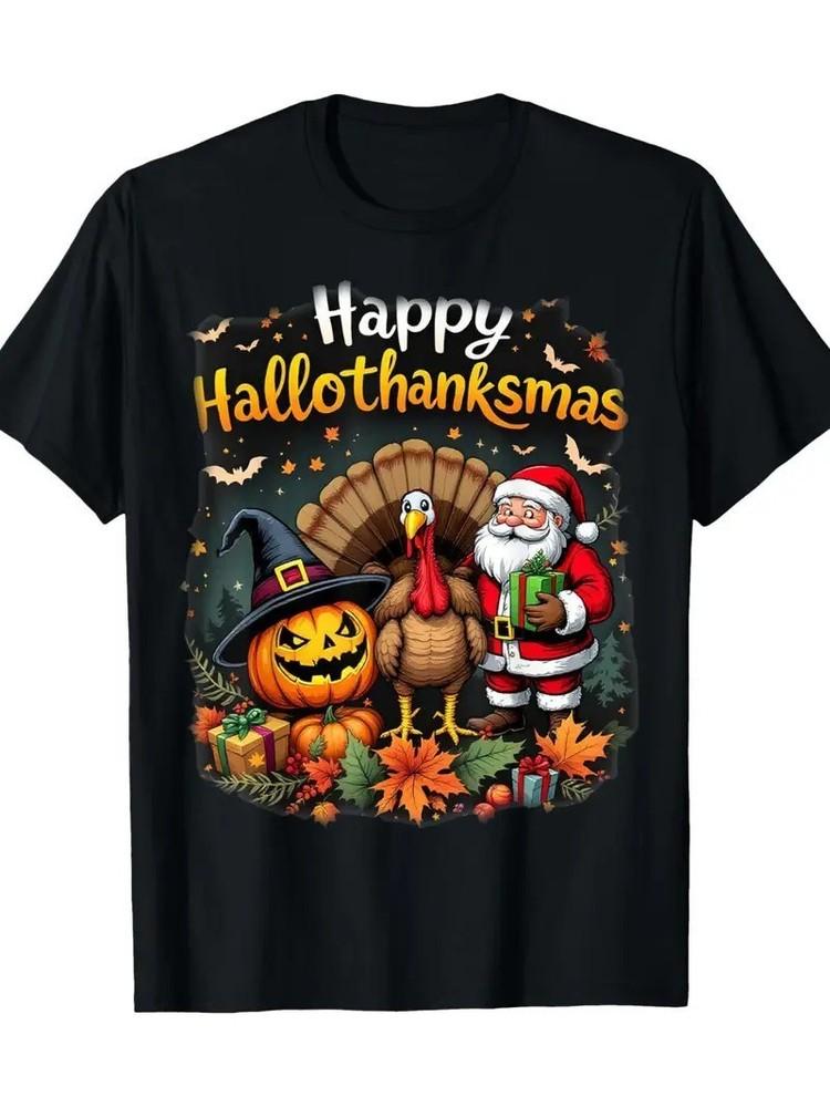 

Santa, Turkey and Pumpkin Design with Happy Hallowthanksmas Print Shirt Q89485 3XL