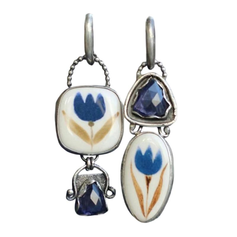 

Геометрические эмалевые серьги с синими стразами и цветочным дизайном, портативное ювелирное украшение, подарок для женщин 1
