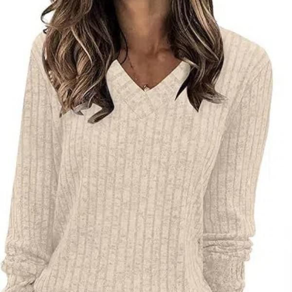 Women's V-Neck Long Sleeve Shirts, Casual Fall Tops Lightweight Tunic Sweaters, Ribbed Brushed Knit T-Shirt Top, Perfect for Everyday Wear or Layering