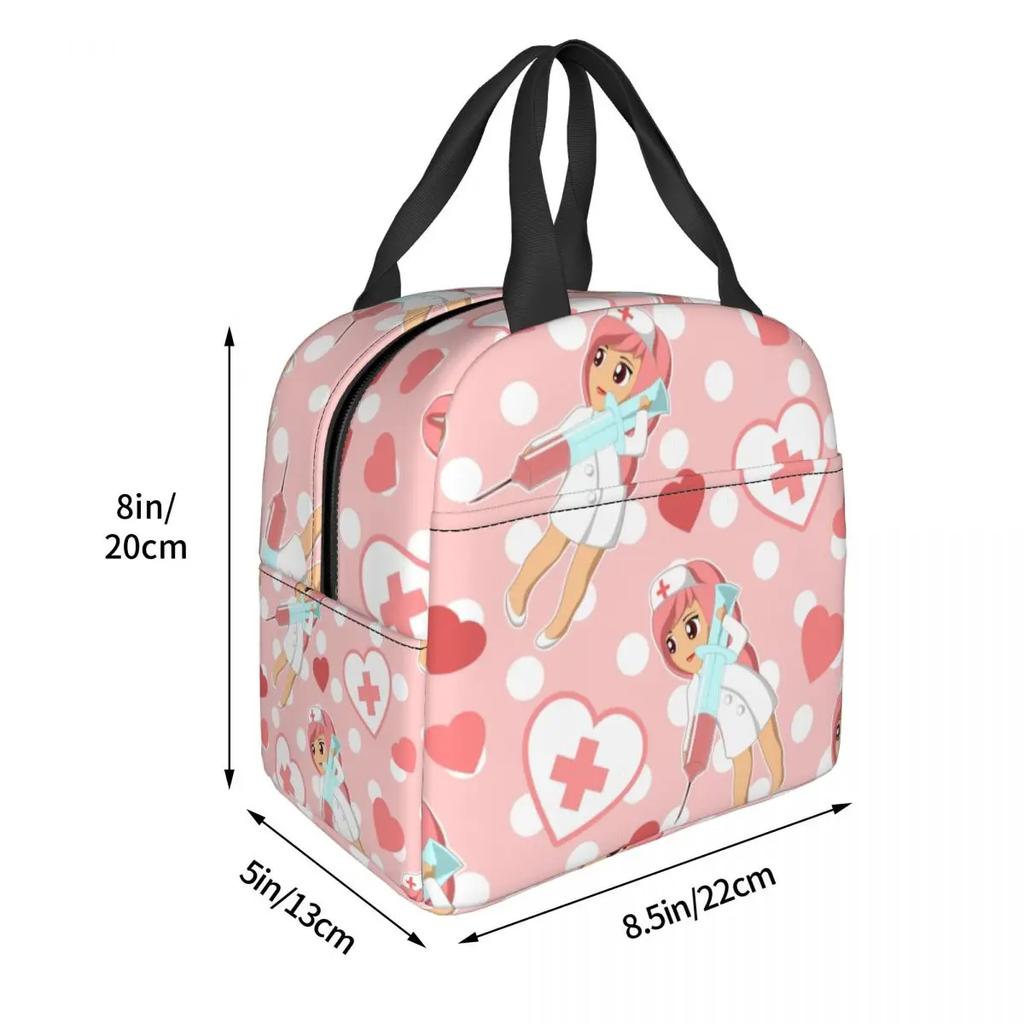 Japanese Kawaii Nurse Insulated Lunch Bags for Camping Travel Pink Polka Dot Pattern Portable Thermal Cooler Bento Box Children