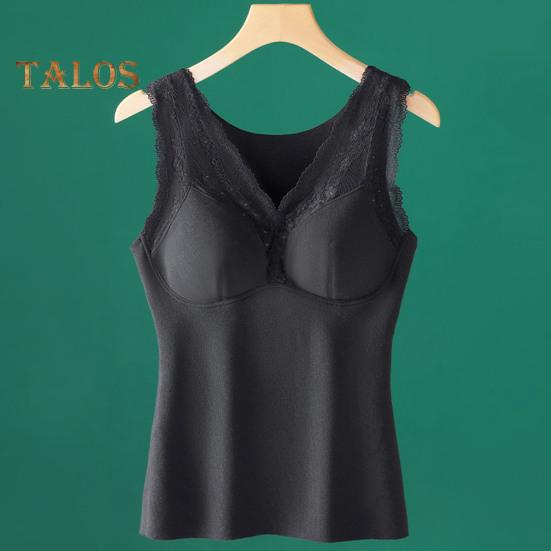 Winter Women Thermal Vest with Chest Pads Seamless Lace Fast Temperature Lock V Neck Slim Fit Elastic Sleeveless Inner Wear Bottoming Tank Top