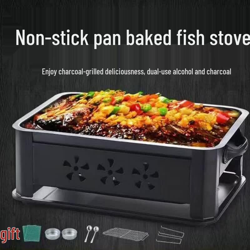 Rectangular Stainless Steel Roast Fish Pan & Charcoal Stove Set