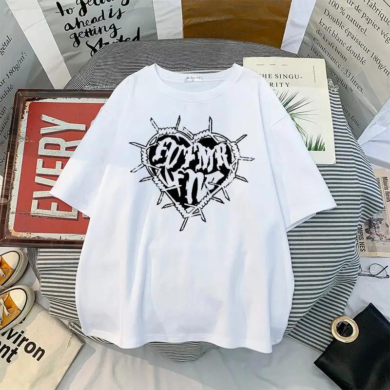 Y2k Fashion Goth T-skjorte med vintagetrykk for kvinner Harajuku Streetwear Dark Gothic Emo Alt Kortermet O-hals Løse svarte T-skjorter