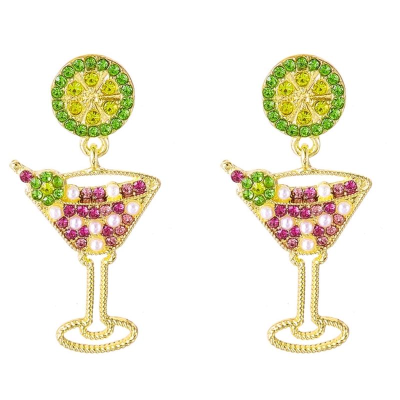 Stylish Wine Glass Earrings Featuring Lemon Charm And Crystals For Women Girls
