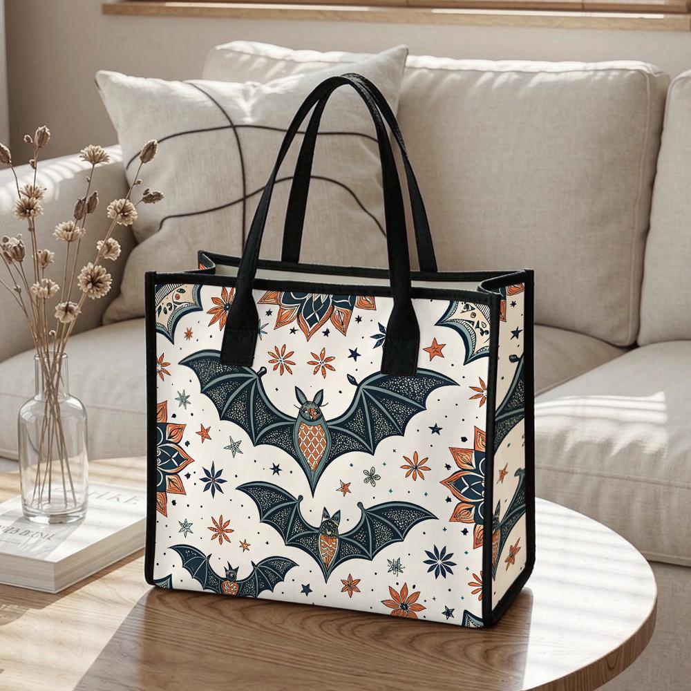 Boho Bat Print Tote Bag Casual Large Capacity Canvas Handbag for Daily Use