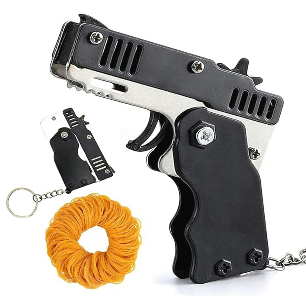 Kids Cool Mini Folding Rubber Launcher Toy with 60 Rubber Bands, Portable Toy for Outdoor Activities, Keychain Gift