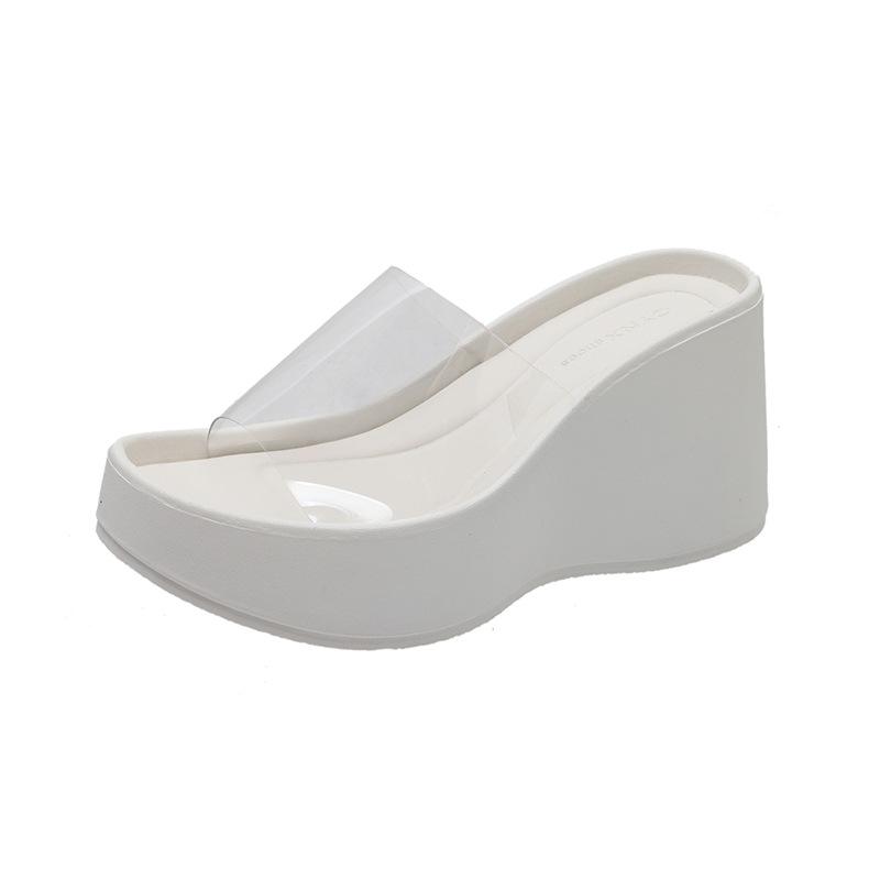 Fashion Women's Outdoor Slippers 2025 New Summer Slope Heel Beach Slippers Transparent Strap High Heel Thick Bottom Straight Sandals