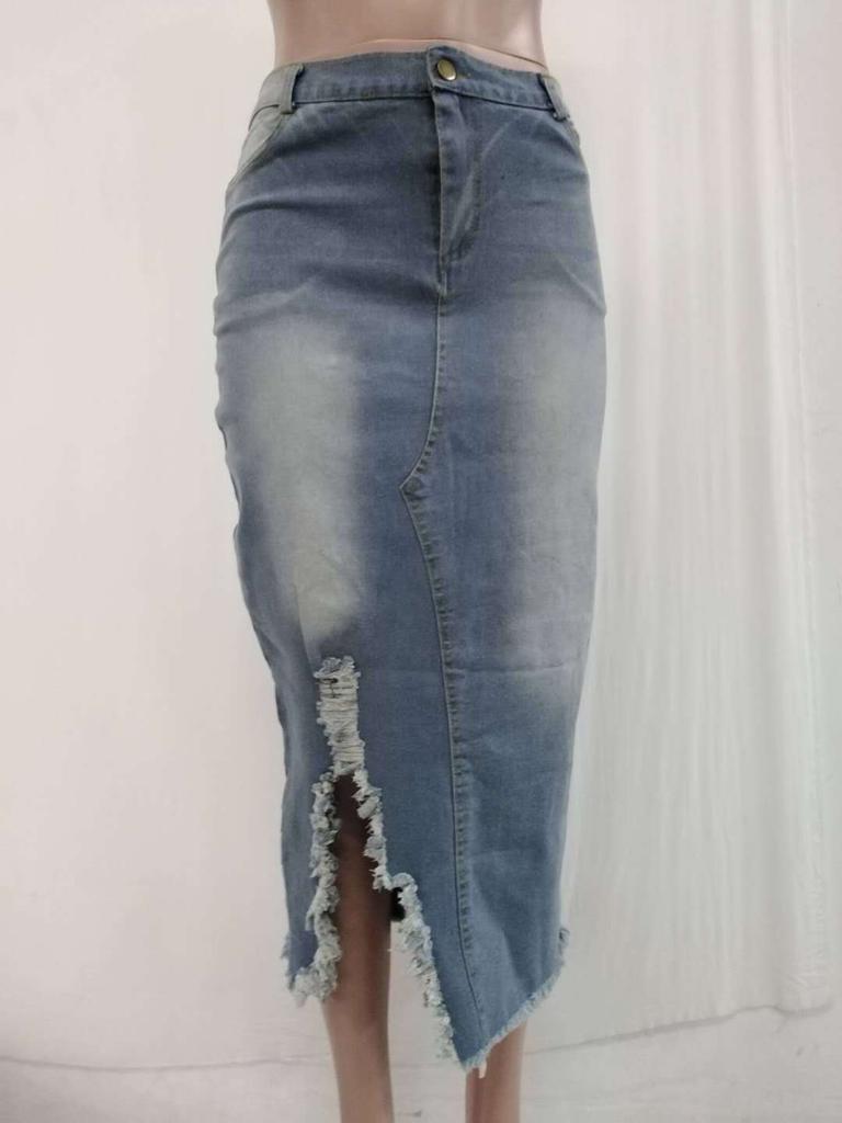 1Wish High Waist Washed Denim Split Hip Skirt