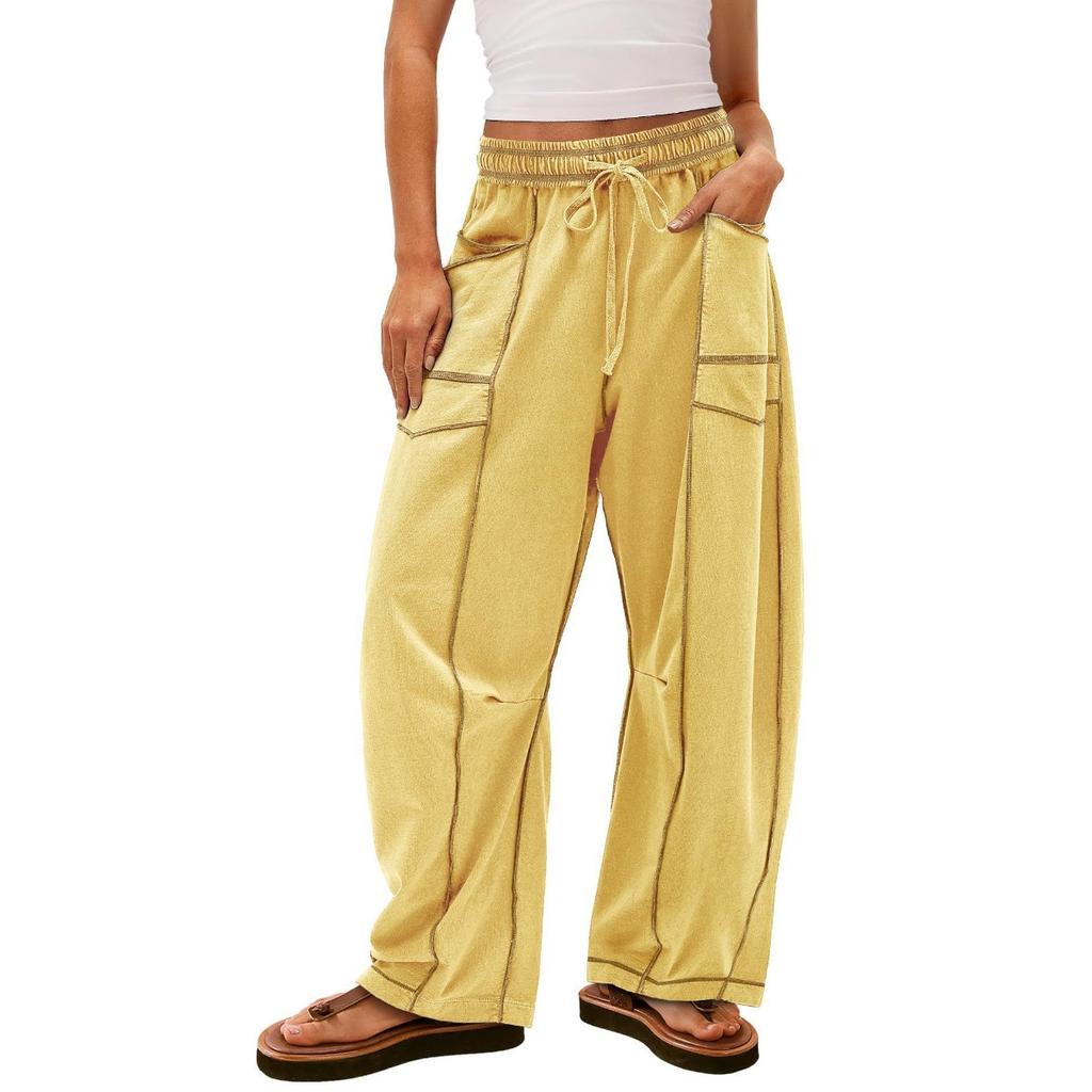 Women's Elastic Drawstring High Waist Stitch Detail Pocket Wide Leg Loose Casual Long Pants Summer Daily Jogger Trousers