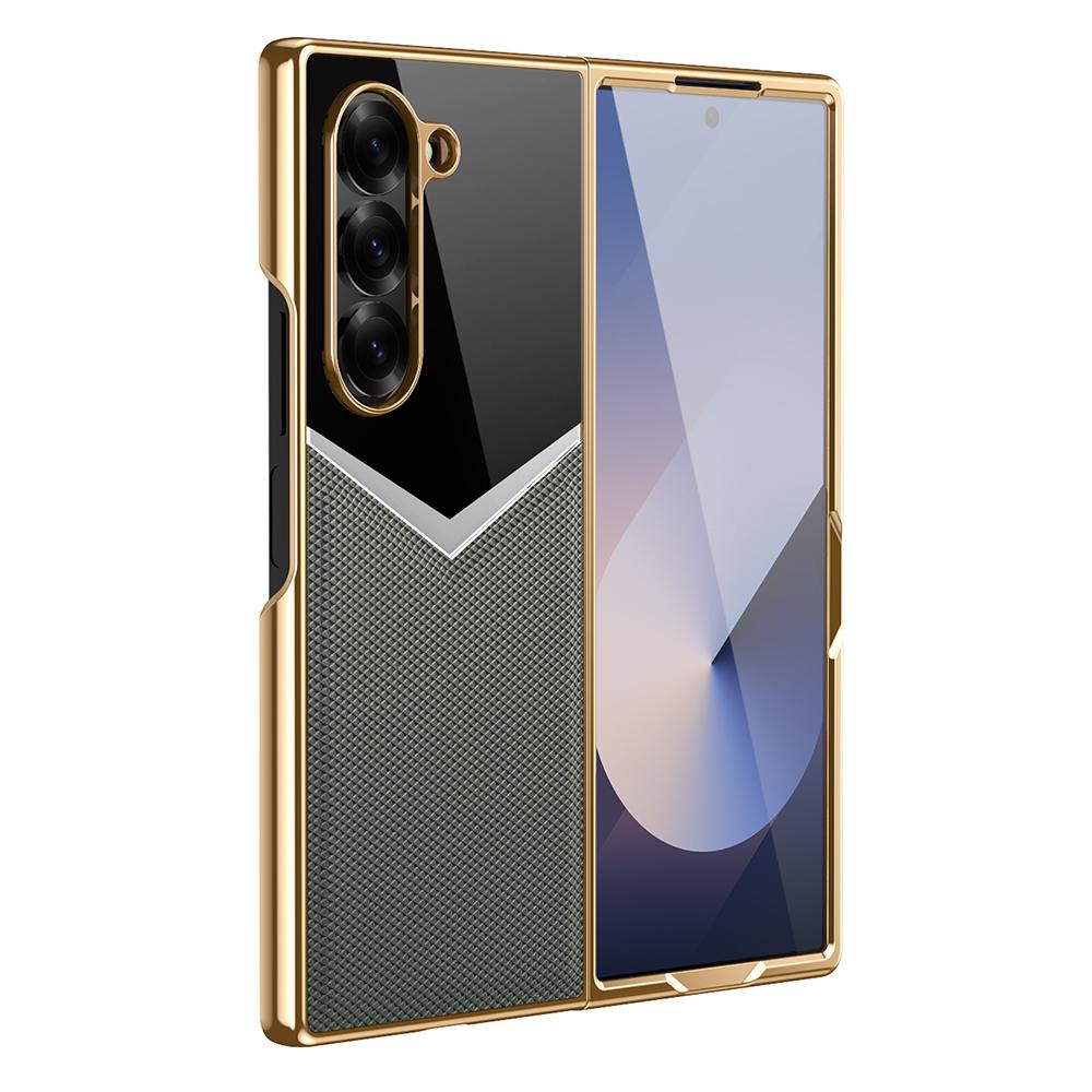 

For Samsung Galaxy Z Fold6 5G Case Genuine Cow Leather+PC Contrast Design Phone Cover with Screen Protector Blackish Green