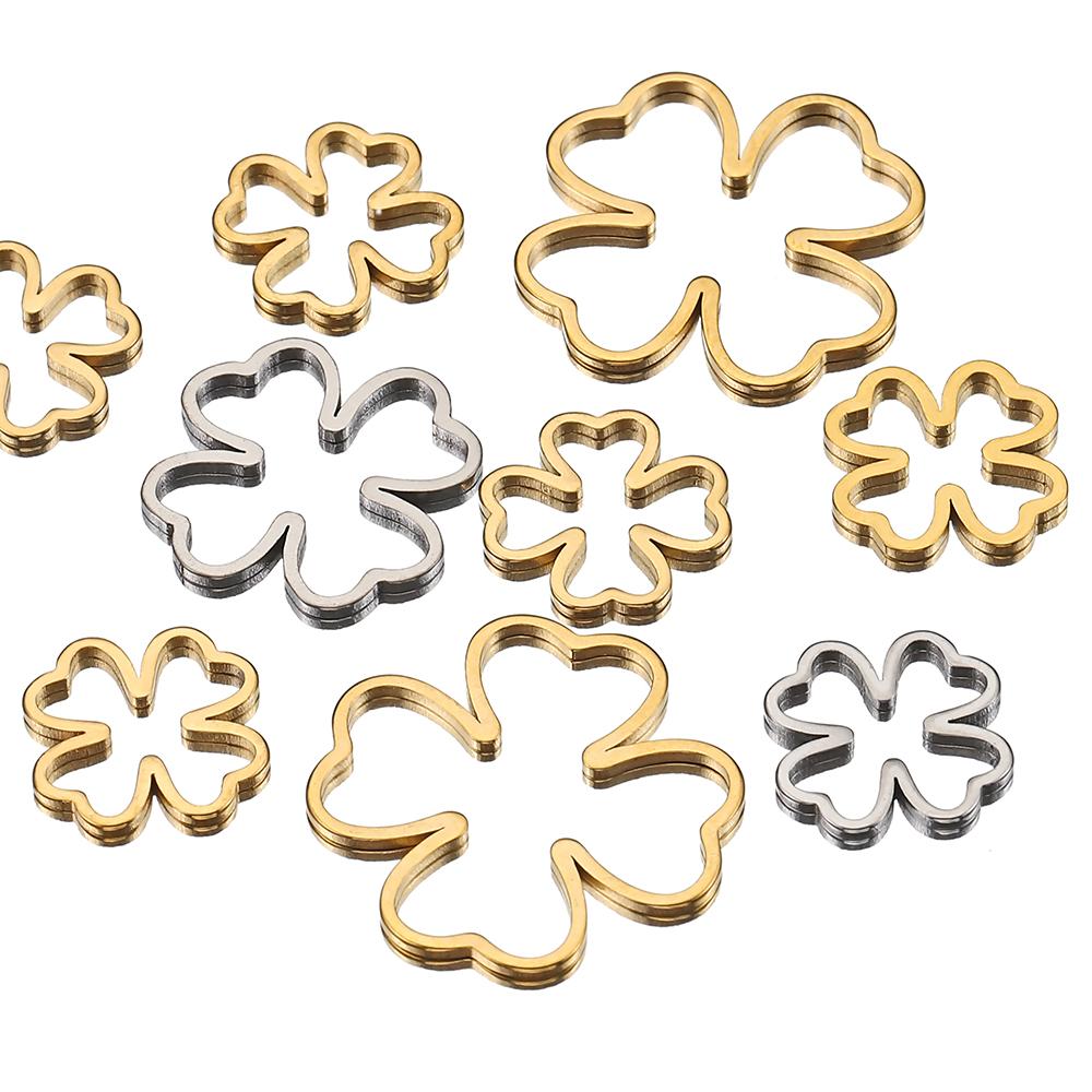 20pcs Flowers Stainless Steel Pendants Gold Color Four Leaf Clover Charms Hollow Bezels for Resin Frame Mold Jewelry Making DIY