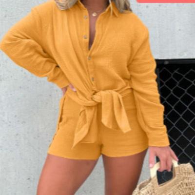 Women's Long Sleeve Shirt High Waisted Shorts Fashion Casual Suit