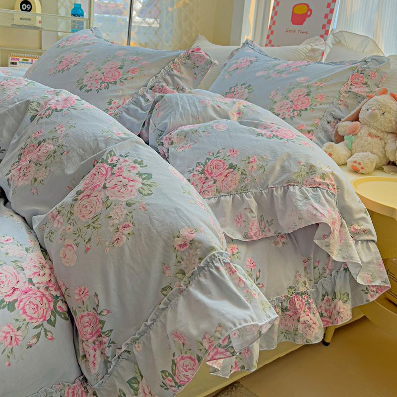 Korean Princess Style Floral Ruffles Bedding Set Washed Cotton Skin-friendly Soft Duvet Covers Set Bed Sheet Pillowcases 3/4Pcs