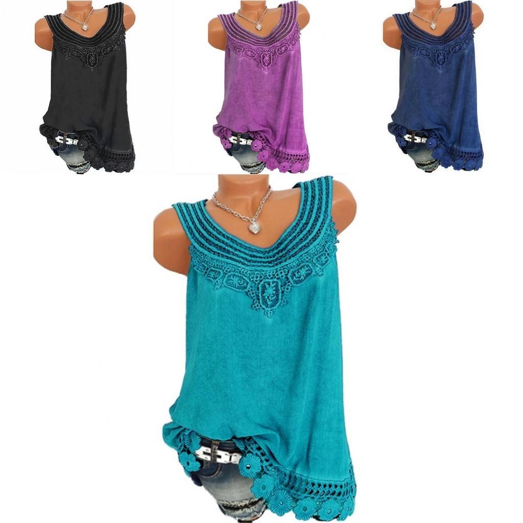 Women's Loose Sleeveless Vest T-shirt Blouse With Elegant Boho Lace Design In Plus Sizes