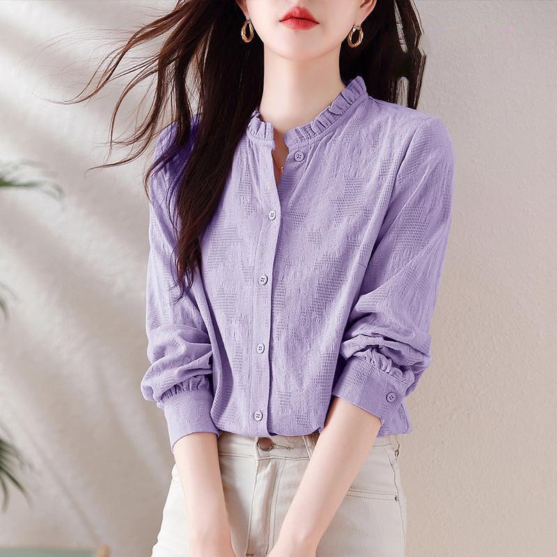 

Рубашка женская с длинными рукавами и воротником-стойкой, во французском стиле, с длинными рукавами, базовая рубашка, женский топ 4XL фиолетовый