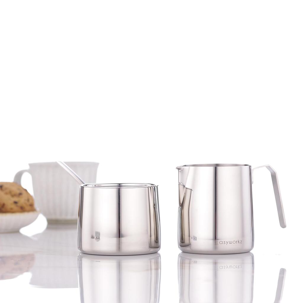 Easyworkz Stainless Steel Creamer and Sugar Bowl Set with Stackable Spoons, (Chrome)
