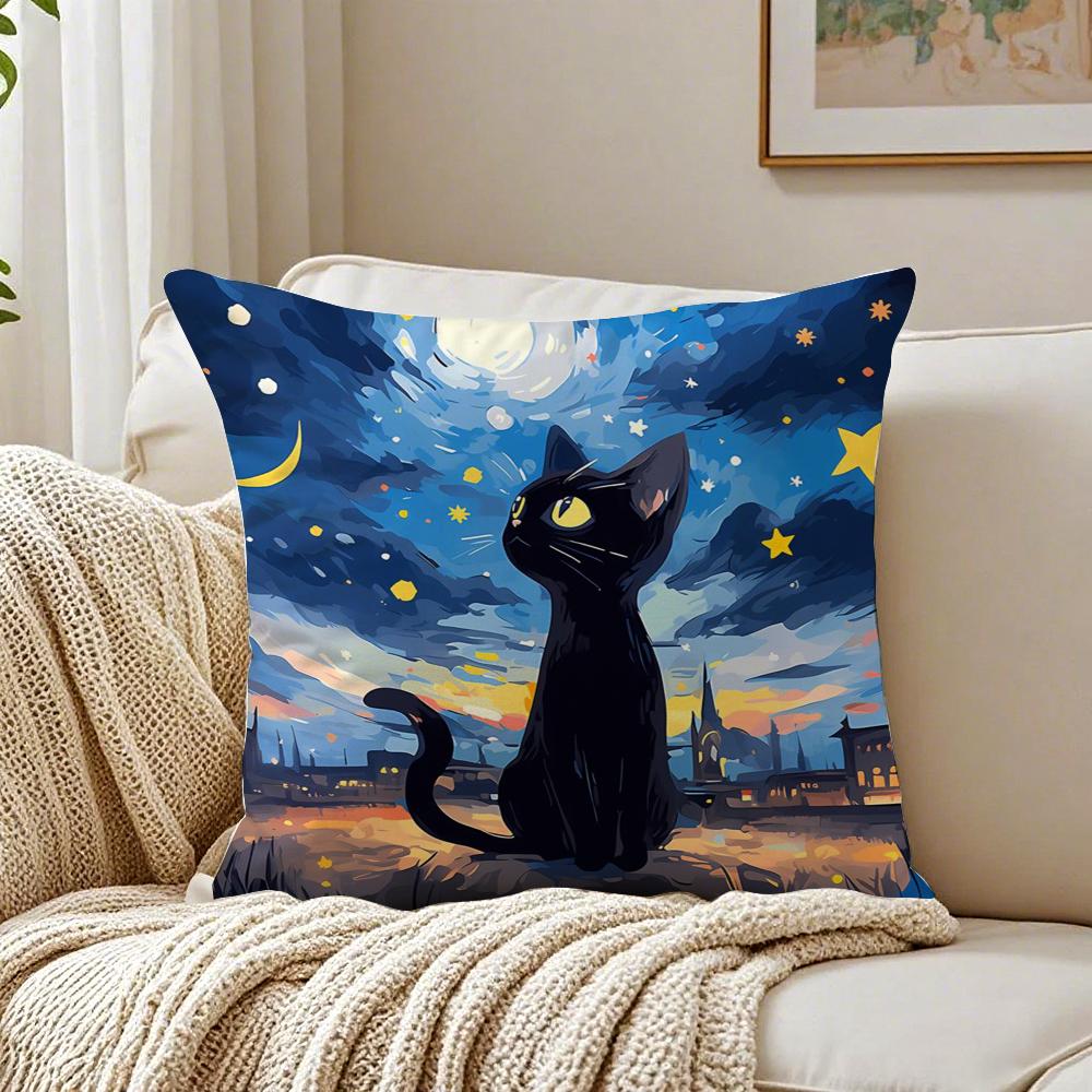 Fashion Casual Starry Sky Art cats Cozy Cushion Cover Linen Pillowcase Soft  for Sofa Bed Home Room Decor