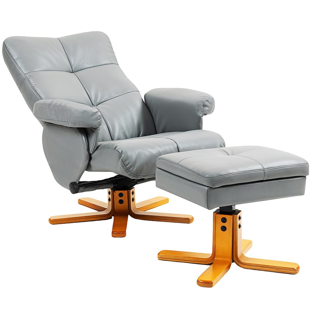 PU Leather Swivel Recliner Chair with Footstool, Wooden Base and Storage for Living Room, Light Grey