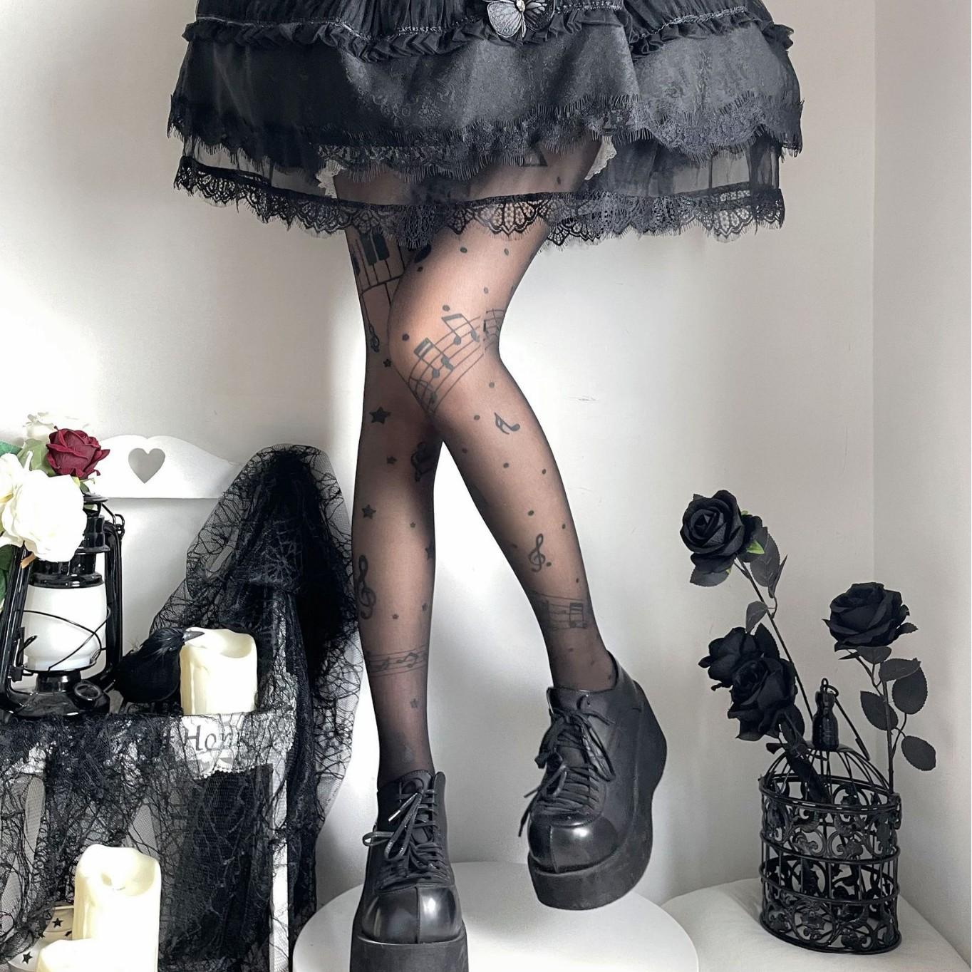 Mode Musiknoten Druck Damen Strumpfhose Süß Cool Dünn Hoch Elastische Socken Lolita Jk Strumpfhosen Strumpfwaren Musikfestival Strümpfe One Size gray