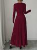 Herbst Winter Einfarbiges Strickkleid Damen O-Ausschnitt Langarm Plissiert Bürokleider Elegant Slim Robe Kleid