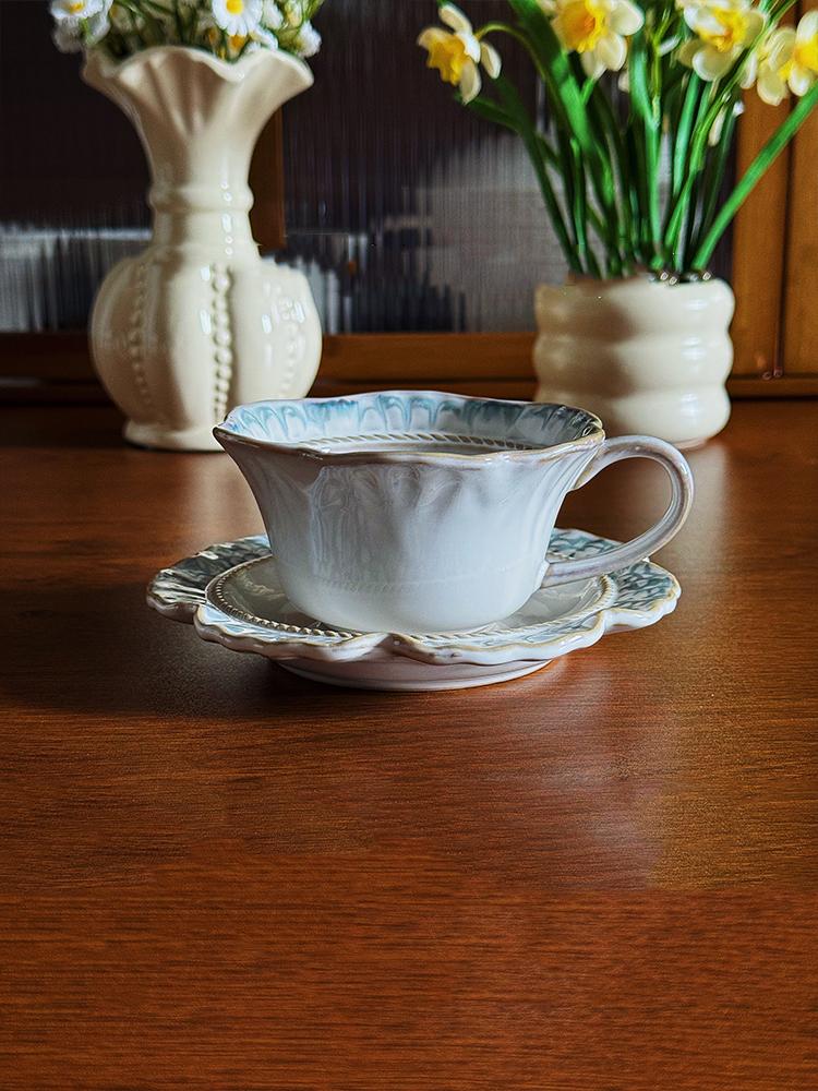 

French Vintage Coffee Cup Ceramic Niche Design Relief Afternoon Teacup with Dessert Plate Home Water Cups Kitchen Drinkware 200-400ml синій