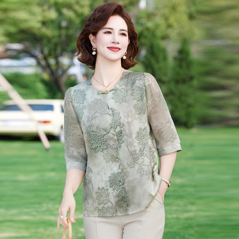 Mom's Chinese Style Blouse: Summer 2025 Chiffon Seven-Sleeve Top for Middle-Aged and Elderly Women