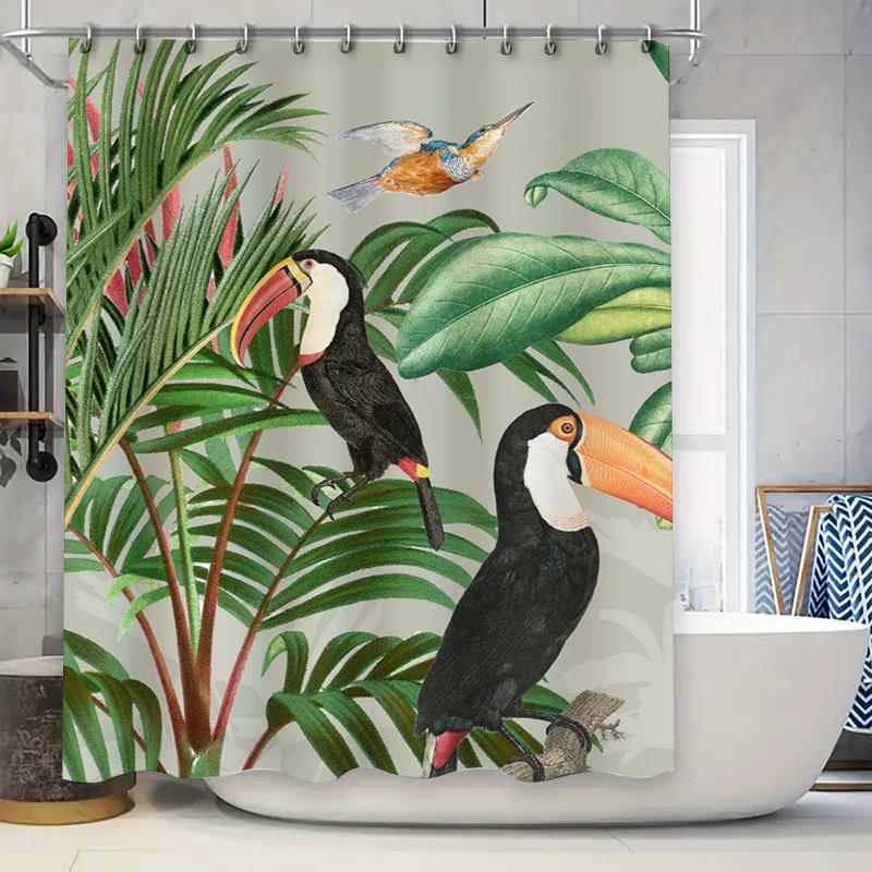 

Exotic Tropical Bird Shower Curtain Black Toucan Design With Green Leaves High-Quality Fabric, Waterproof Material For Bathroom W60H190(CM)-1 Pcs
