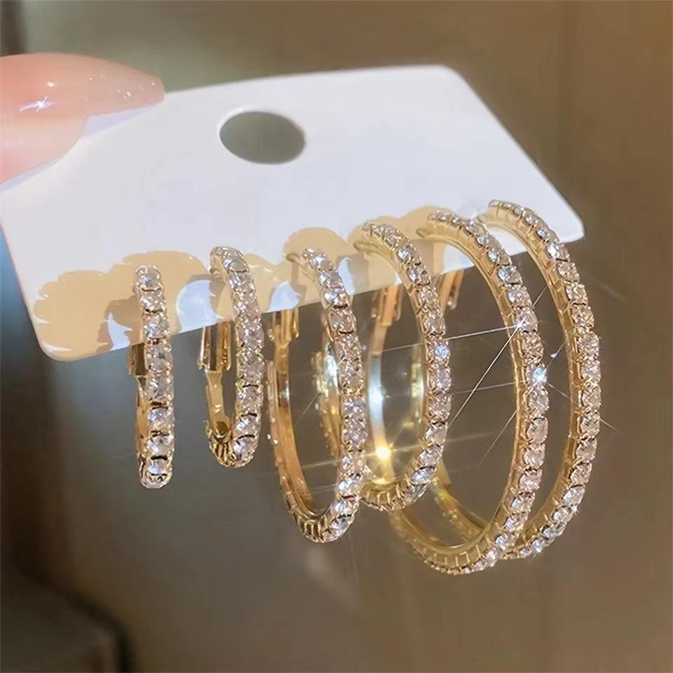 

3 Pairs Full Shiny Rhinestone Hoop Earrings Different Size Gold/Silver Color Earrings For Women Simple Luxury Jewelry