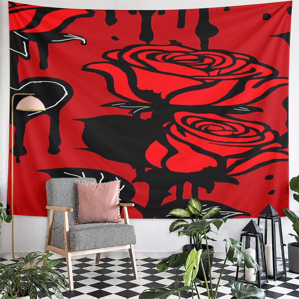 "Red Roses with Dripping Black Accents" Pattern Wall Hanging Tapestry Decorative Tapestry Home Decor for Bedroom and Living Room