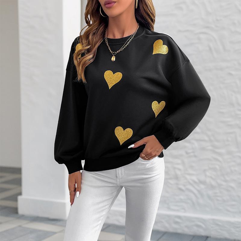 New Autumn Romantic and Sweet Style Loose Round-neck Long-sleeved Sweatshirt with Heart Print